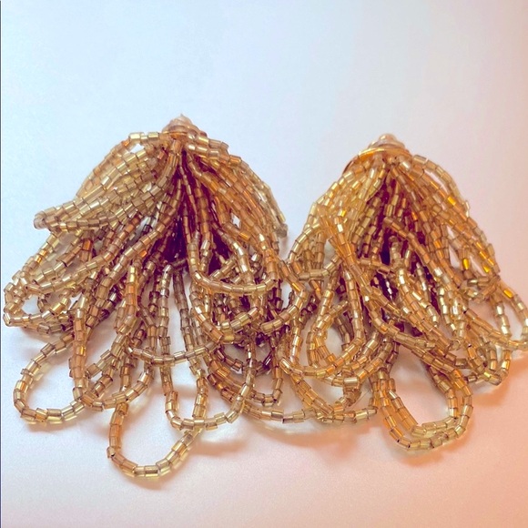 Vintage clip ons Gold Beaded Tassel Earrings - Picture 6 of 6